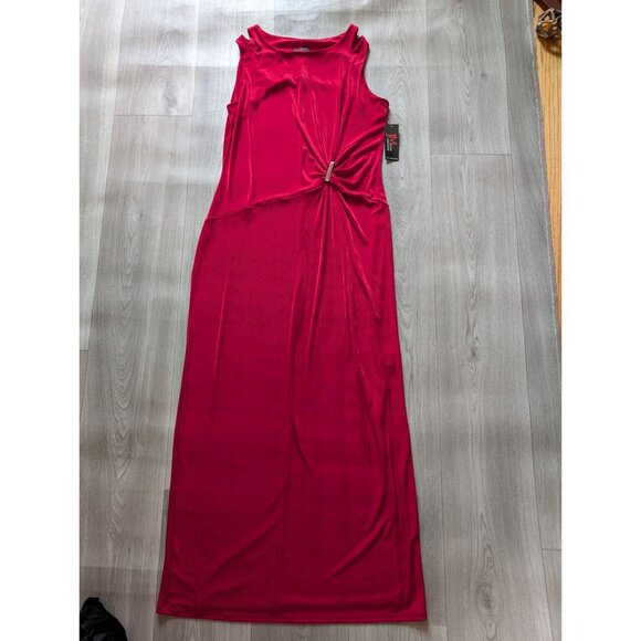 Red Sleeveless Long Dress With Side Knot Detail & Gold Accent By JM Studio Size - Picture 5 of 10